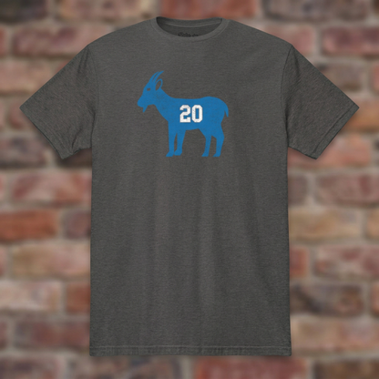 GOAT Barry Dark Heather Grey T-shirt flat lay on brick background