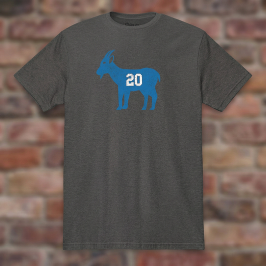 GOAT Barry Dark Heather Grey T-shirt flat lay on brick background