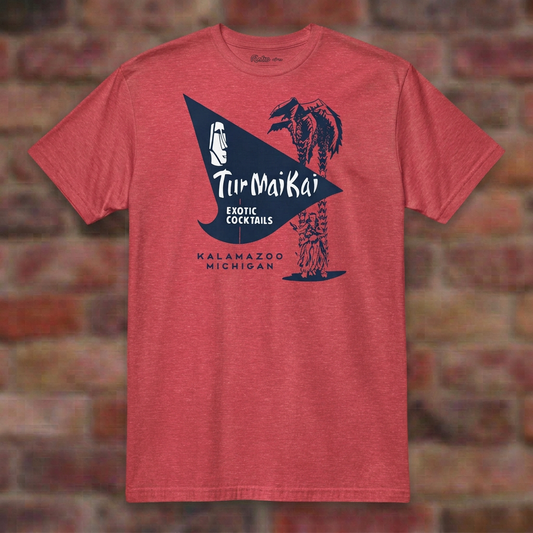 Tur Mai Kai Kalamazoo Heather Red T-shirt flat lay on brick background