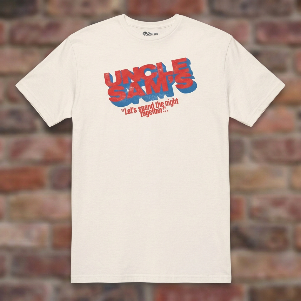 Uncle Sam's Natural T-shirt flat lay on brick background