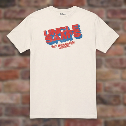 Uncle Sam's Natural T-shirt flat lay on brick background