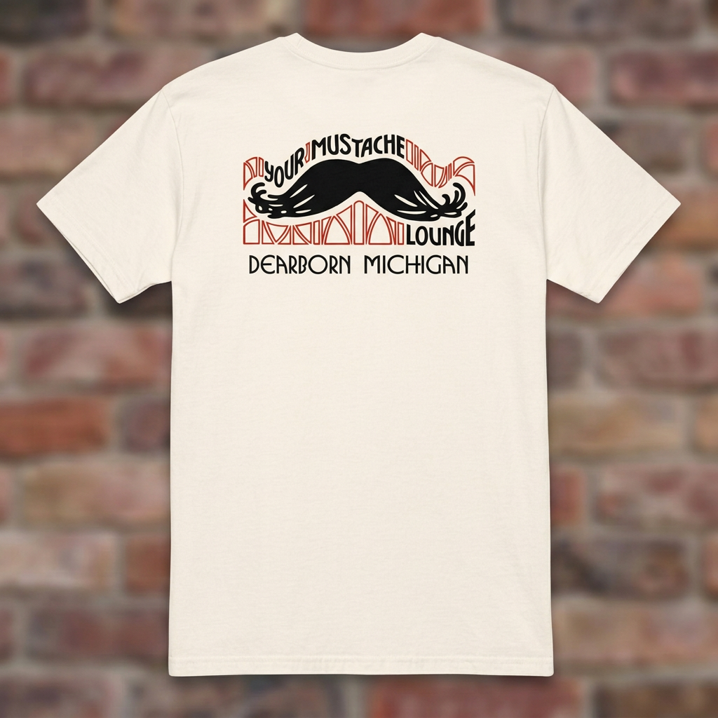 Your Mustache Lounge Dearborn Natural T-shirt flat lay on brick background