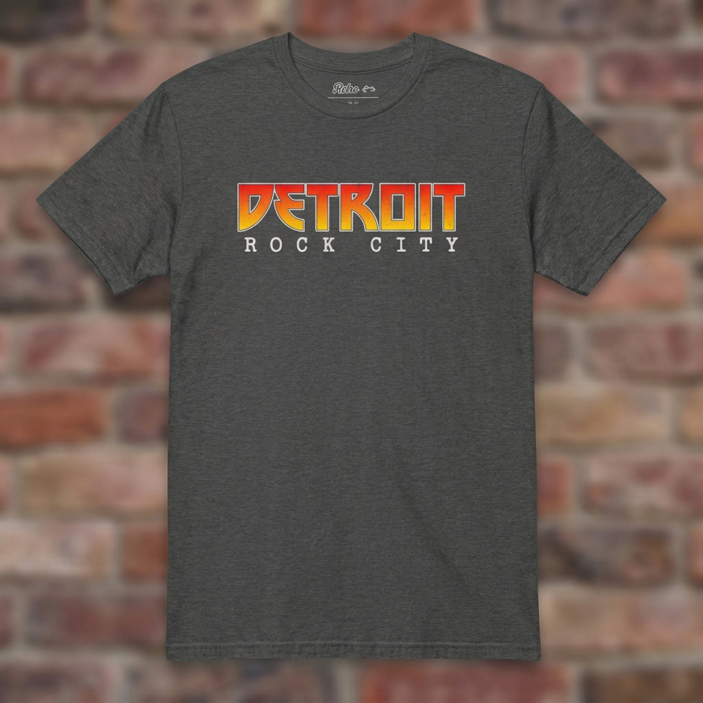 Detroit Rock City Dark Heather Grey T-shirt flat lay on warm brick