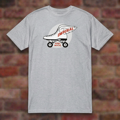 Imperial Roller Rink Sport Grey T-shirt flat lay on brick background