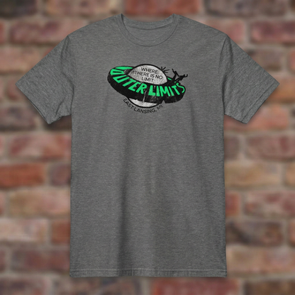 Outer Limits Graphite Heather T-shirt flat lay on brick background