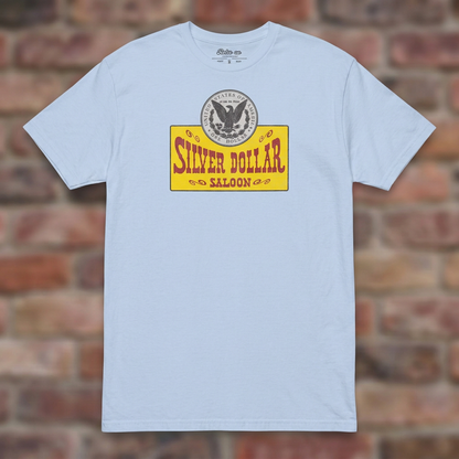 Silver Dollar Saloon Light Blue T-shirt flat lay on warm brick