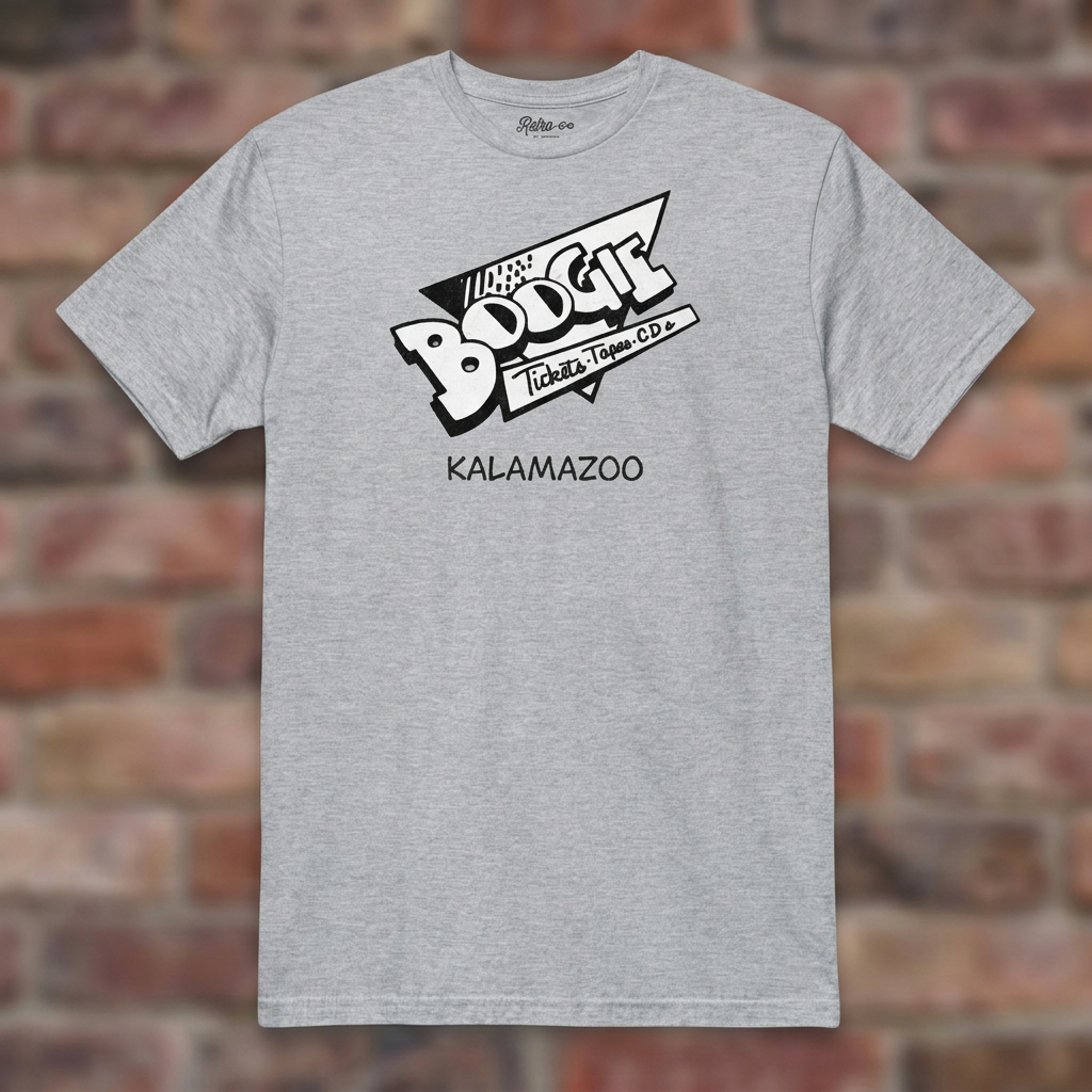 Boogie Records Sport Grey T-shirt flat lay on brick background