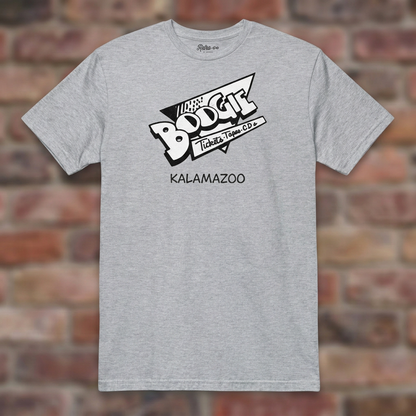 Boogie Records Sport Grey T-shirt flat lay on brick background