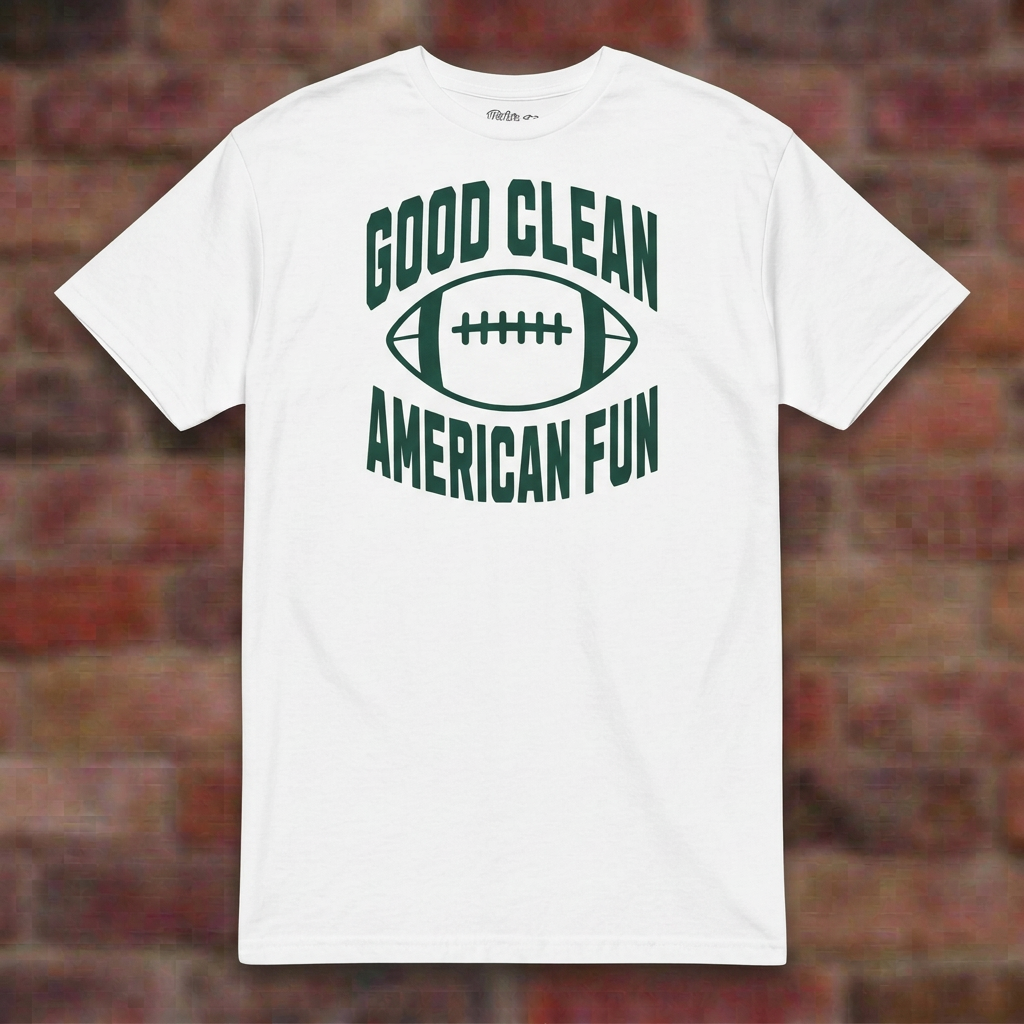 Good Clean American Fun White T-shirt flat lay on brick background
