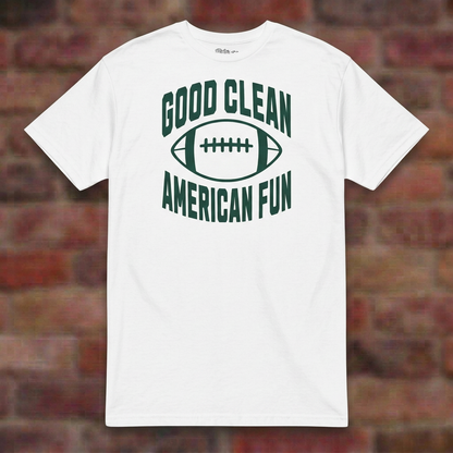 Good Clean American Fun White T-shirt flat lay on brick background