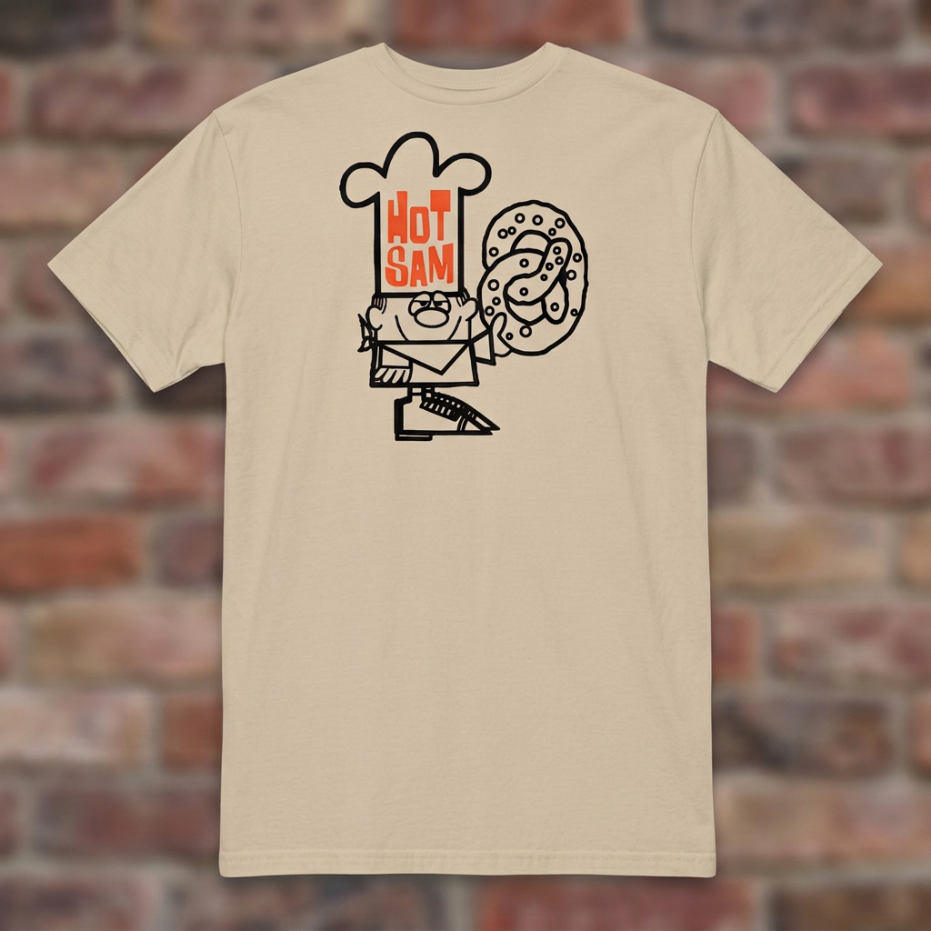 Hot Sam Pretzels T-shirt in Sand, flat lay on warm brick background