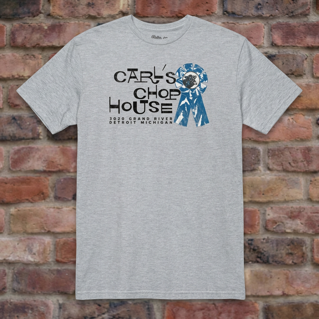 Carl's Chop House Sport Grey T-shirt flat lay on brick background