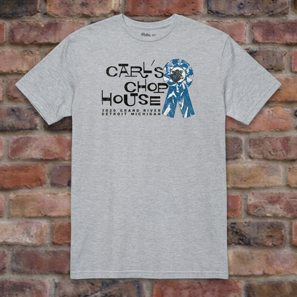 Carl's Chop House Sport Grey T-shirt flat lay on brick background