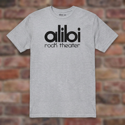 Alibi Rock Theater Sport Grey T-shirt flat lay on brick background
