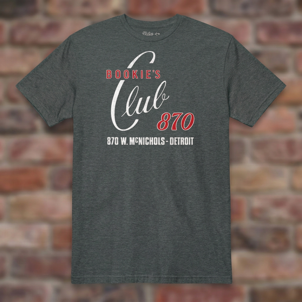 Bookie's Club 870 Detroit T-shirt in Dark Heather, flat lay on warm brick background