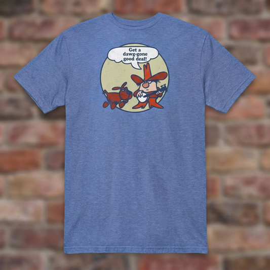 Get a Dawg-Gone Good Deal T-shirt in Heather Royal, flat lay on warm brick background
