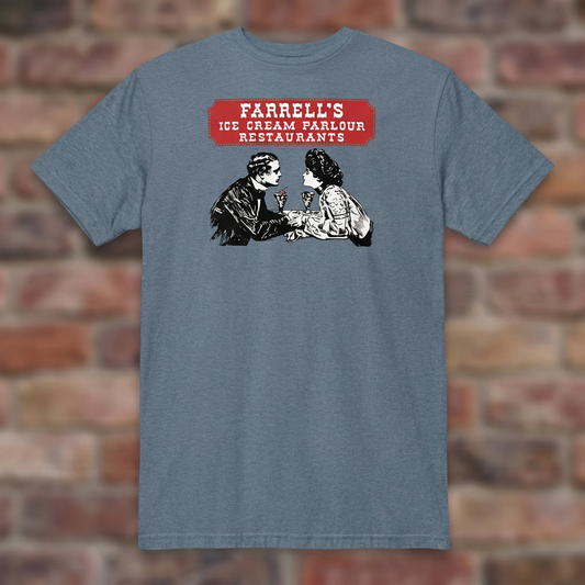 Farrell's Ice Cream Parlour Heather Indigo T-shirt flat lay on brick background