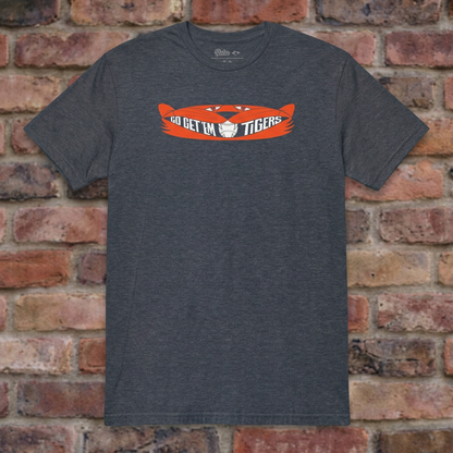 Go Get 'Em Tigers Heather Navy T-shirt flat lay on brick background