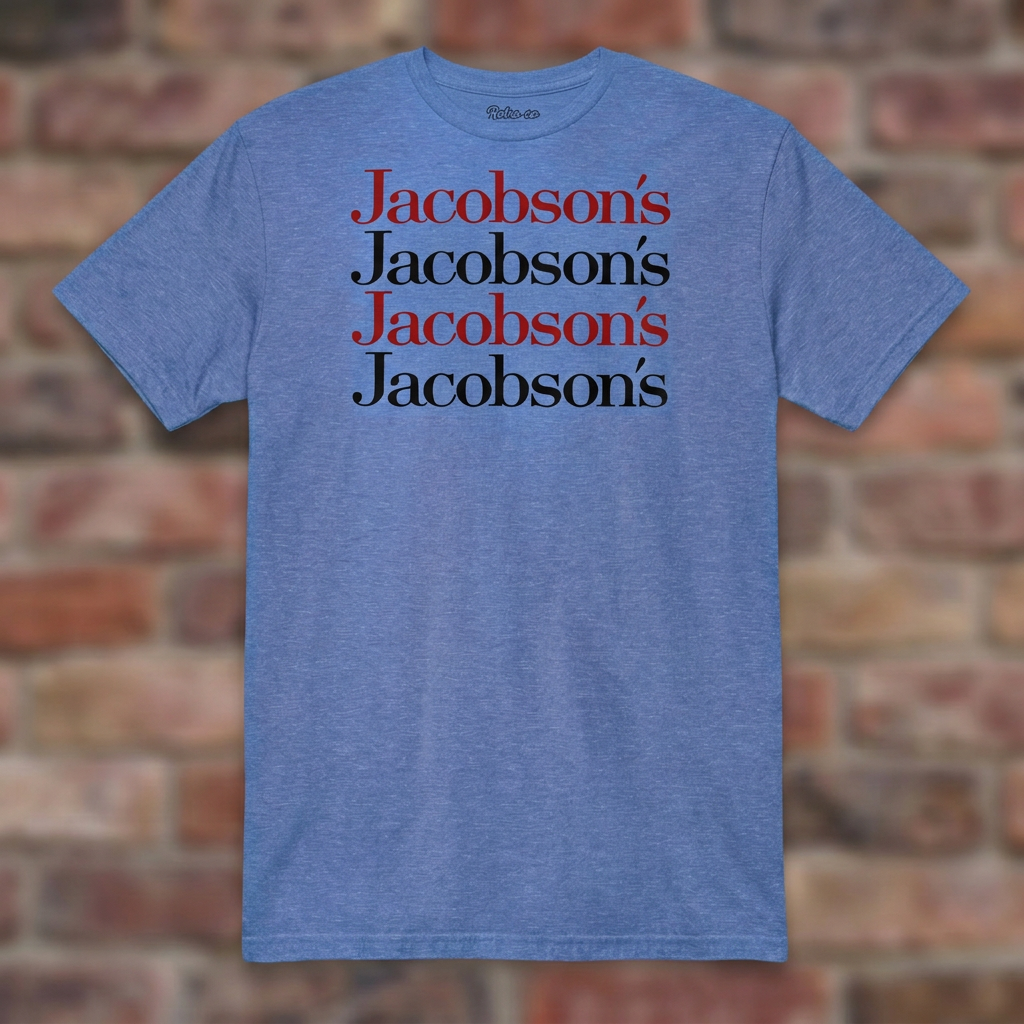 Jacobson's Heather Royal T-shirt flat lay on brick background