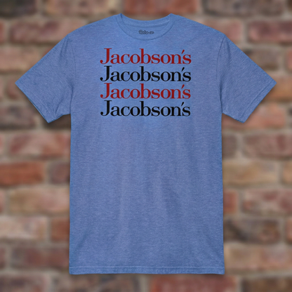 Jacobson's Heather Royal T-shirt flat lay on brick background
