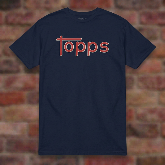 Topps Navy T-shirt flat lay on brick background