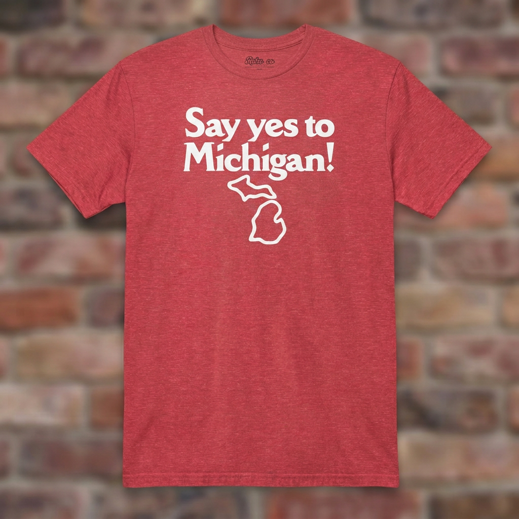 Say yes to Michigan Heather Red T-shirt flat lay on brick background
