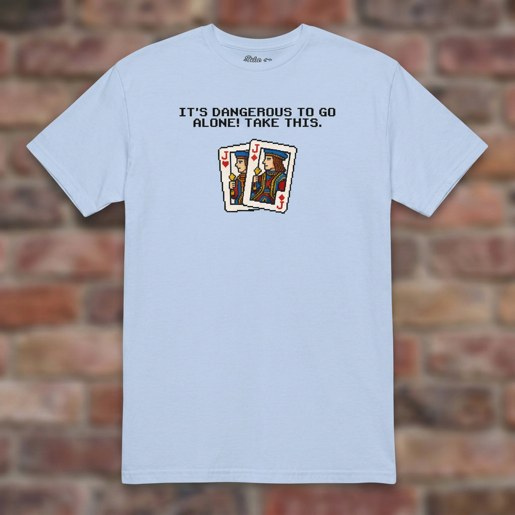 Euchre 16 Bit Light Blue T-shirt flat lay on brick background
