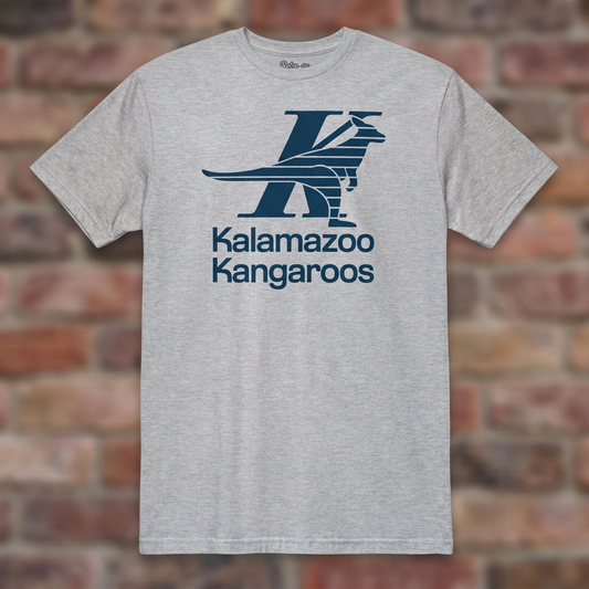 Kalamazoo Kangaroos Sport Grey T-shirt flat lay on brick background