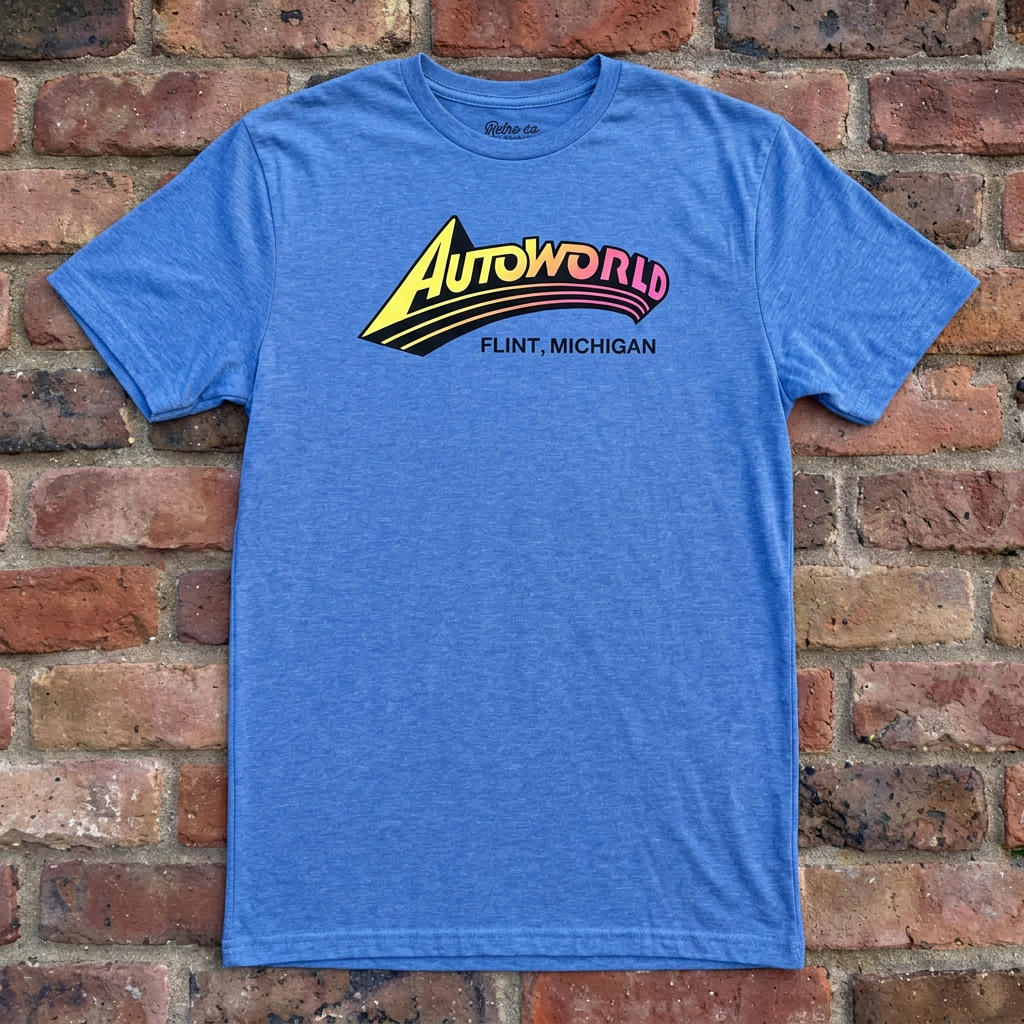 Autoworld Heather Royal T-shirt flat lay on brick background