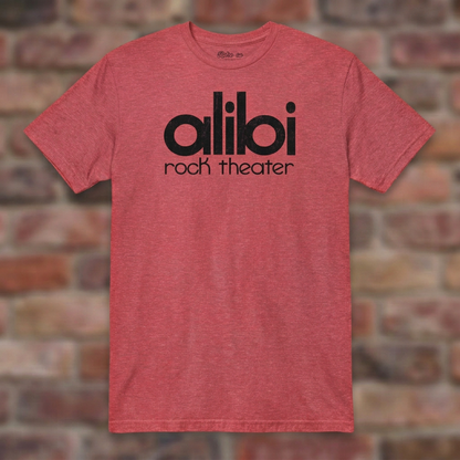 Alibi Rock Theater Heather Red T-shirt flat lay on brick background