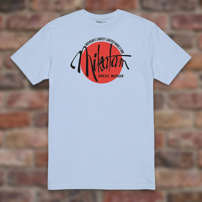 Mikatam Lounge Light Blue T-shirt flat lay on brick background