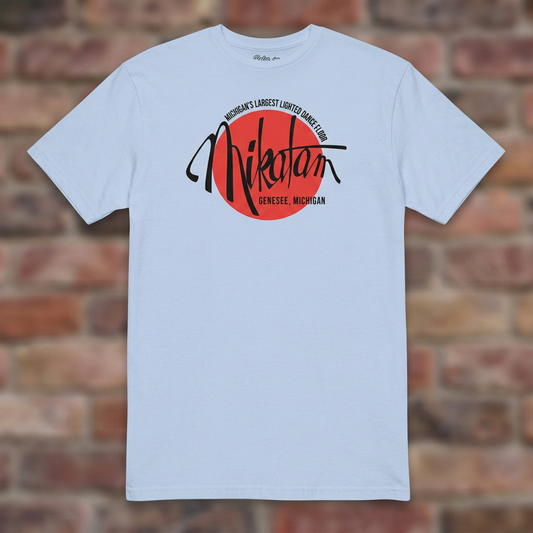 Mikatam Lounge Light Blue T-shirt flat lay on brick background