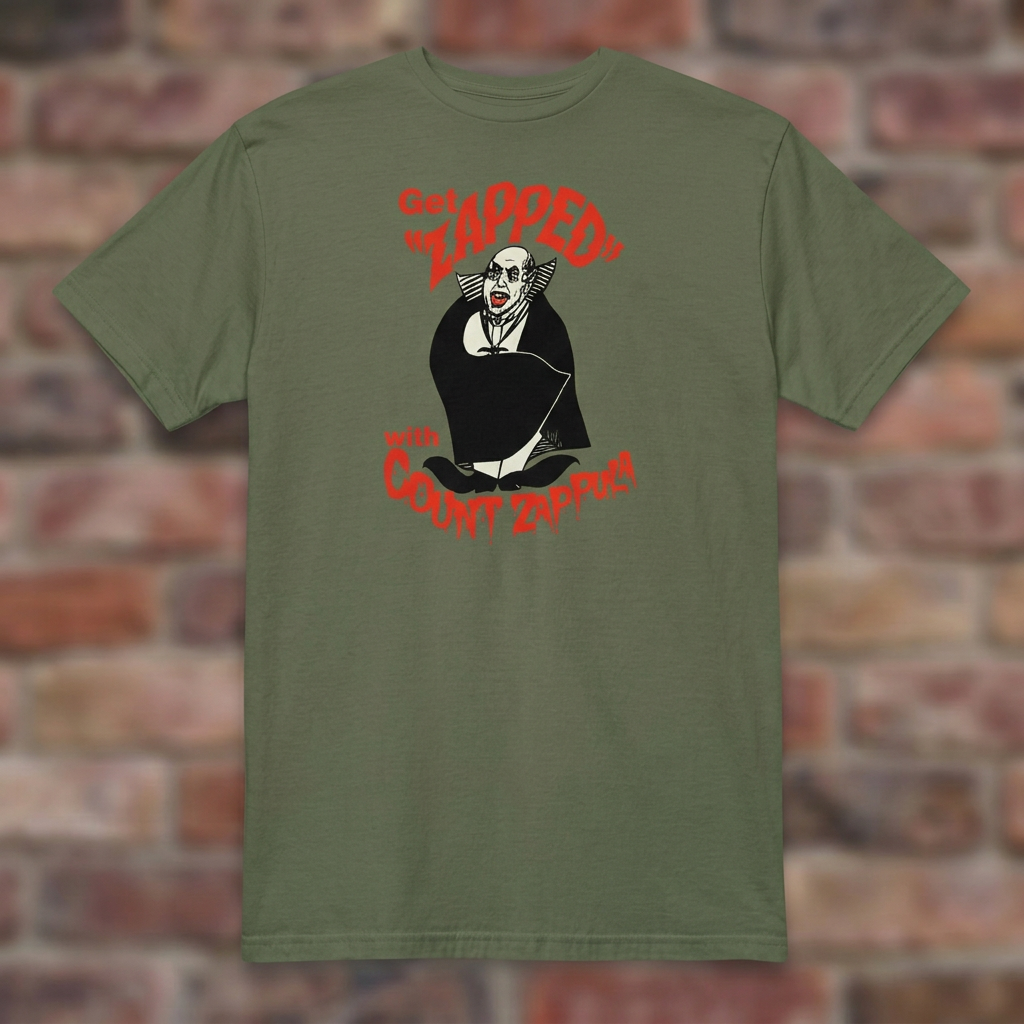 Get Zapped Military Green T-shirt flat lay on brick background