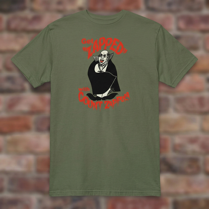 Get Zapped Military Green T-shirt flat lay on brick background