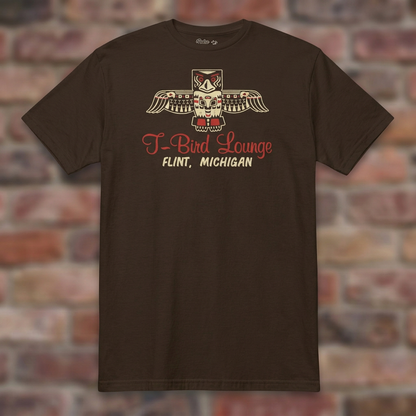 T-Bird Lounge Dark Chocolate T-shirt flat lay on brick background