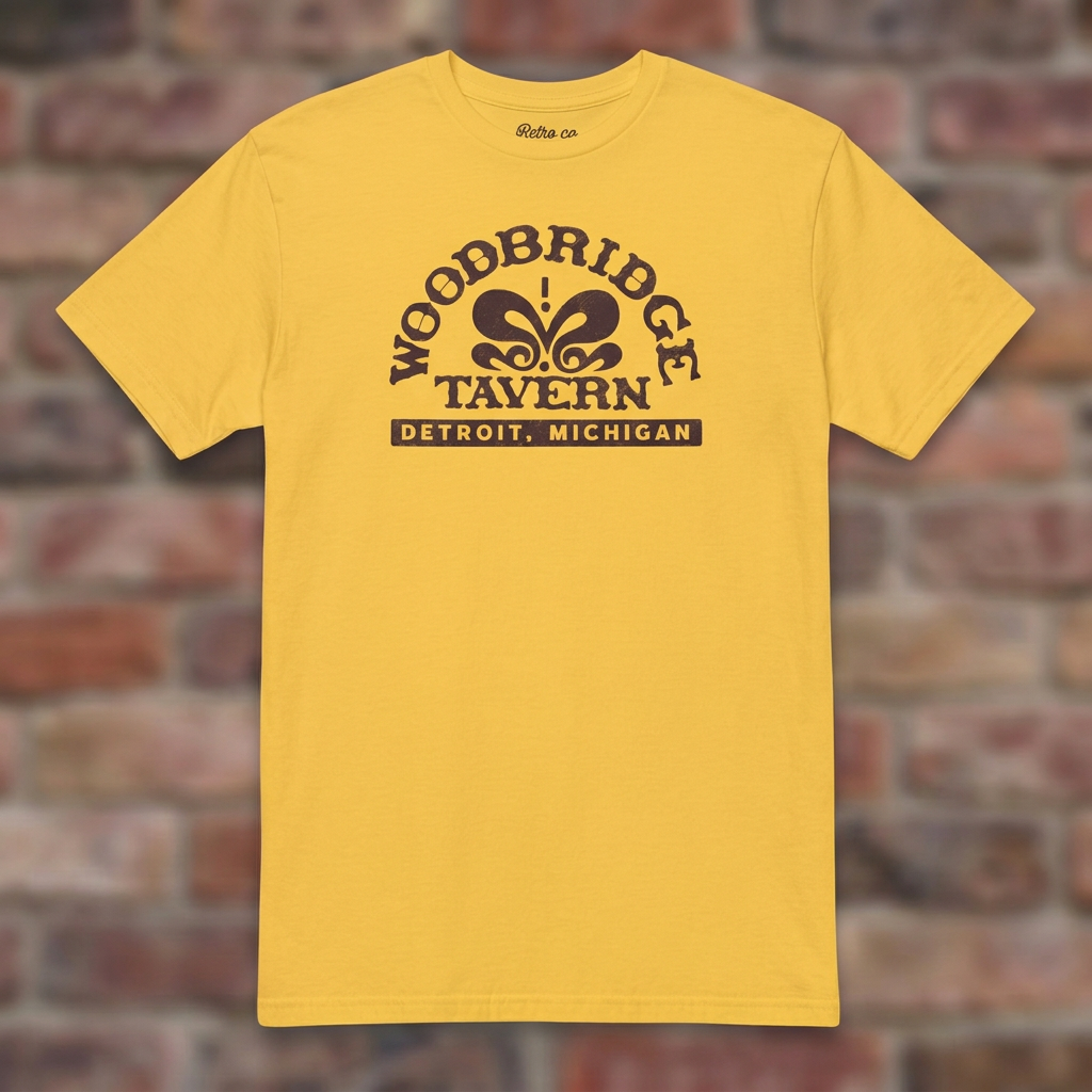 Woodbridge Tavern Daisy T-shirt flat lay on brick background