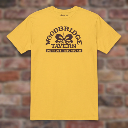 Woodbridge Tavern Daisy T-shirt flat lay on brick background