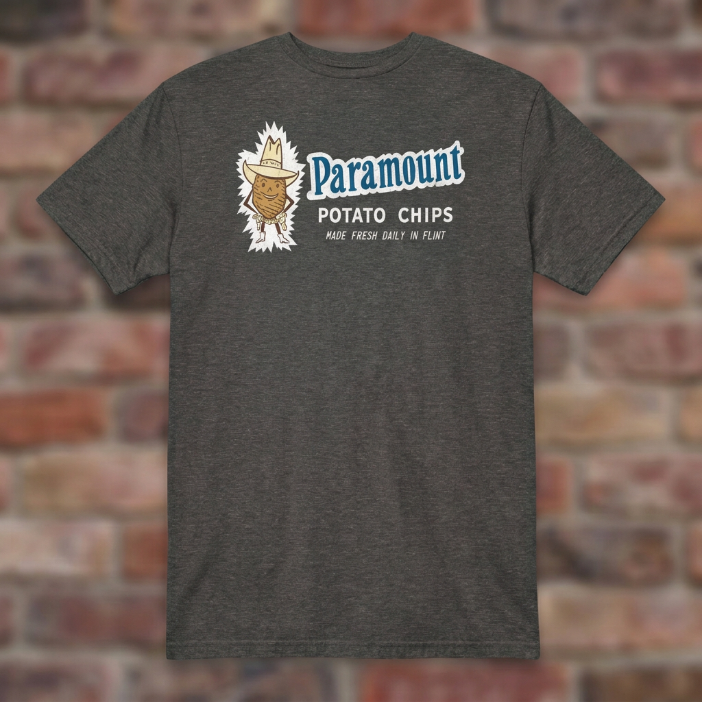 Paramount Potato Chips Graphite Heather T-shirt flat lay on brick background
