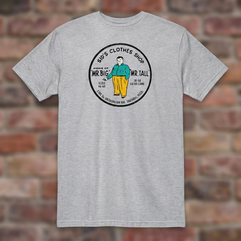 Sid's Clothing Shop Saginaw T-shirt in Sport Grey, flat lay on warm brick background