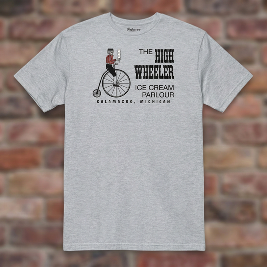High Wheeler Sport Grey T-shirt flat lay on brick background