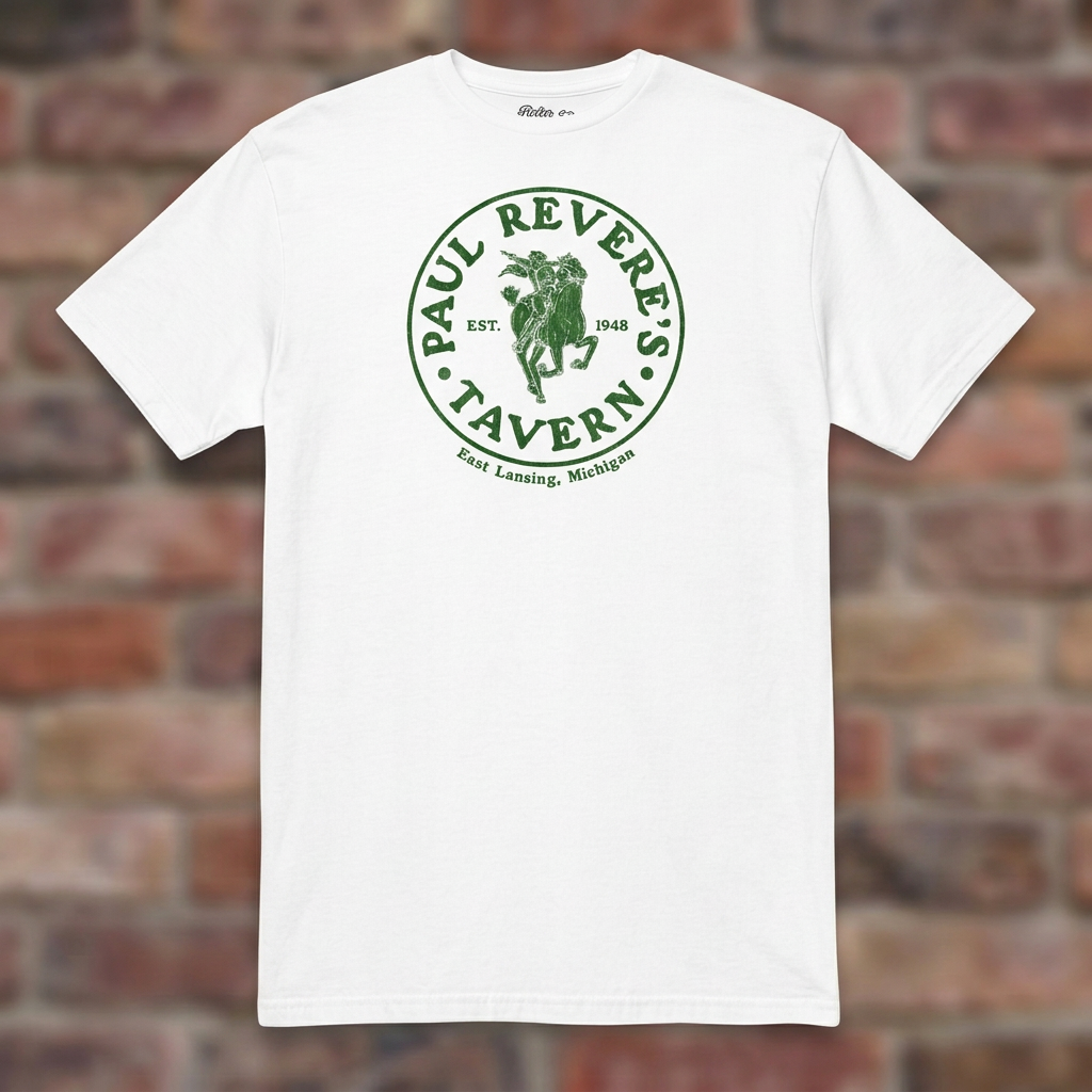 Paul Revere's Tavern White T-shirt flat lay on warm brick