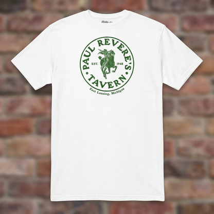 Paul Revere's Tavern White T-shirt flat lay on warm brick