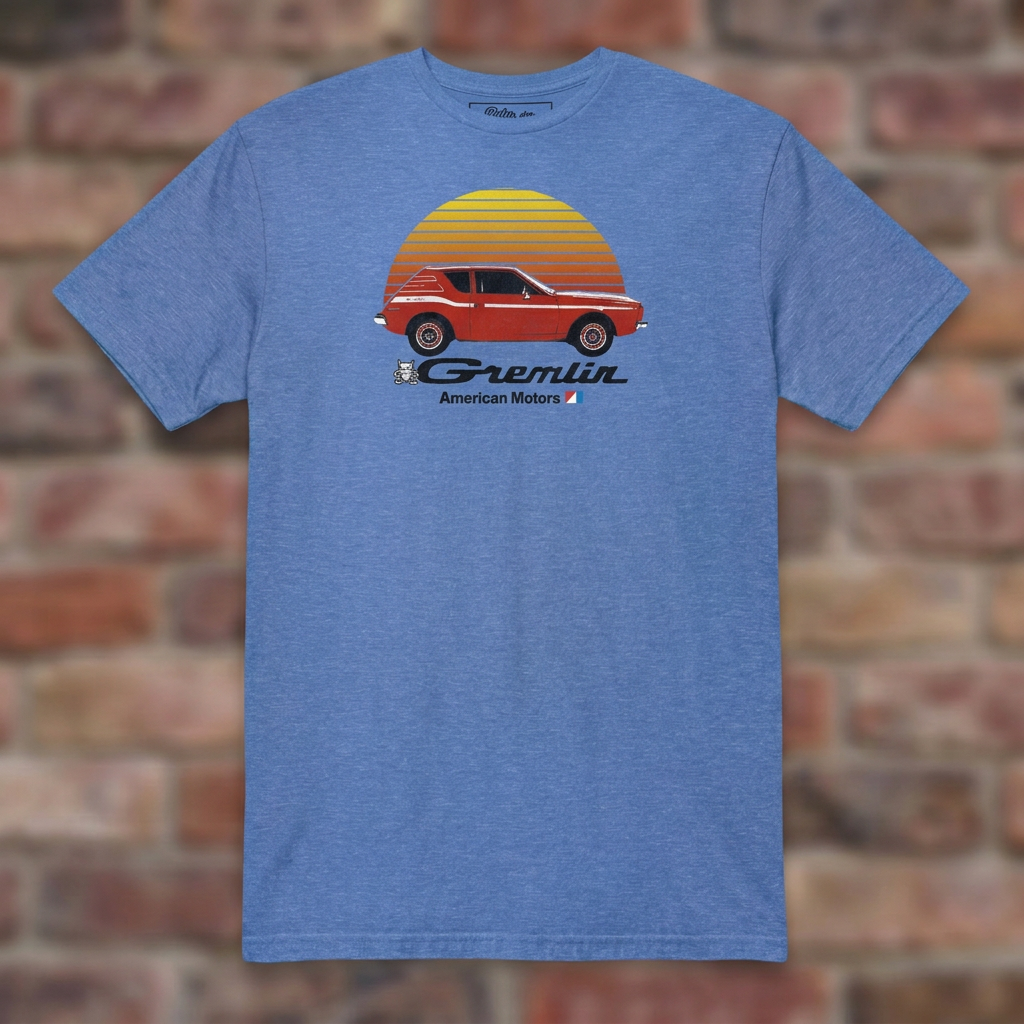 AMC Gremlin Heather Royal T-shirt flat lay on brick background
