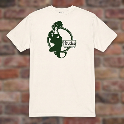 Maude's Natural T-shirt flat lay on brick background