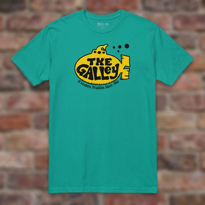 The Galley Jade Dome T-shirt flat lay on warm brick