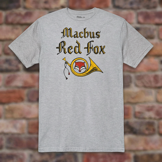 Machus Red Fox Sport Grey T-shirt flat lay on warm brick