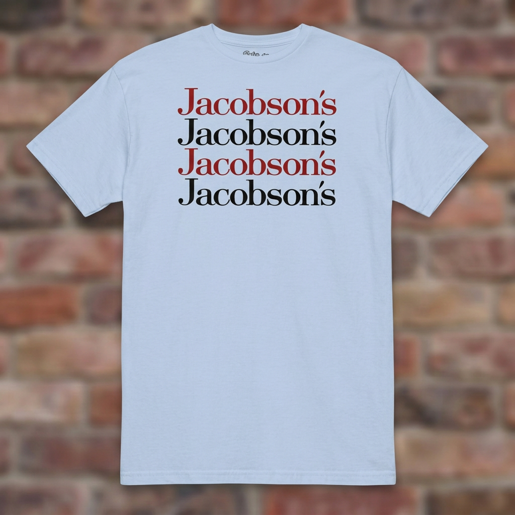 Jacobson's Light Blue T-shirt flat lay on brick background