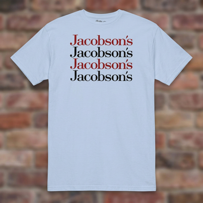 Jacobson's Light Blue T-shirt flat lay on brick background