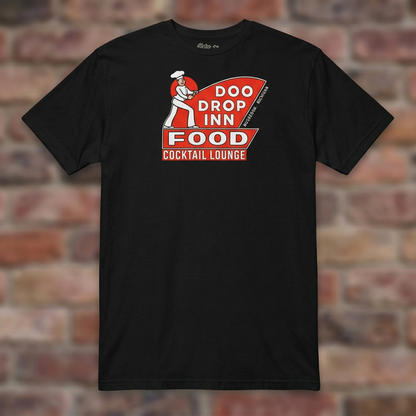 Doo Drop Inn Muskegon T-shirt in Black on weathered brick background