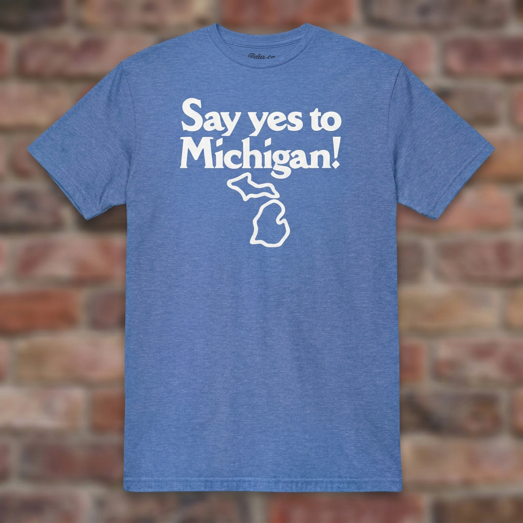 Say yes to Michigan Heather Royal T-shirt flat lay on brick background